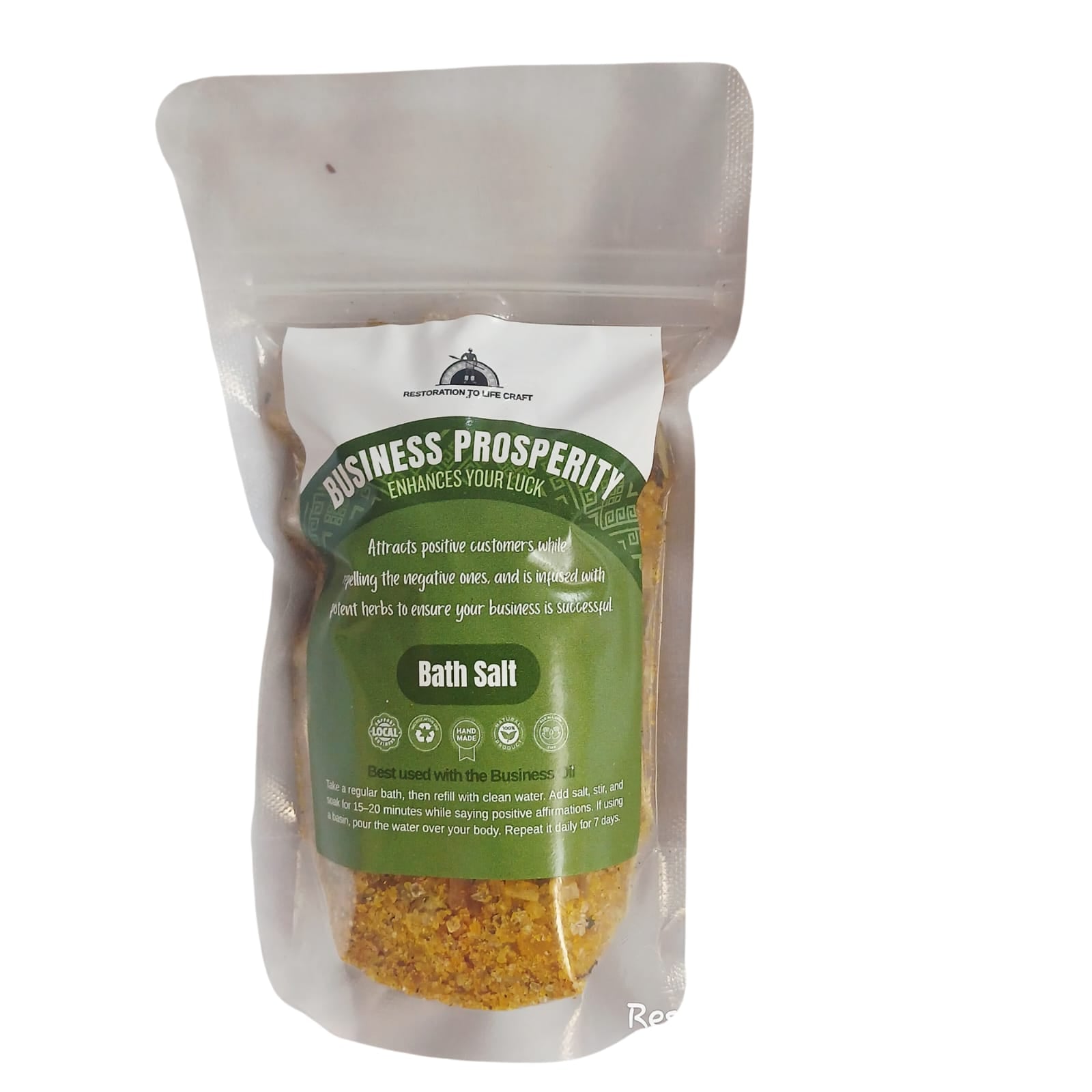 Packaged bath salt with a label on a white background