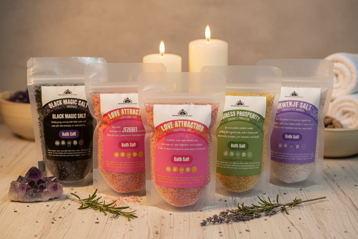 Bath salt collection featuring all five products in elegant spa setting